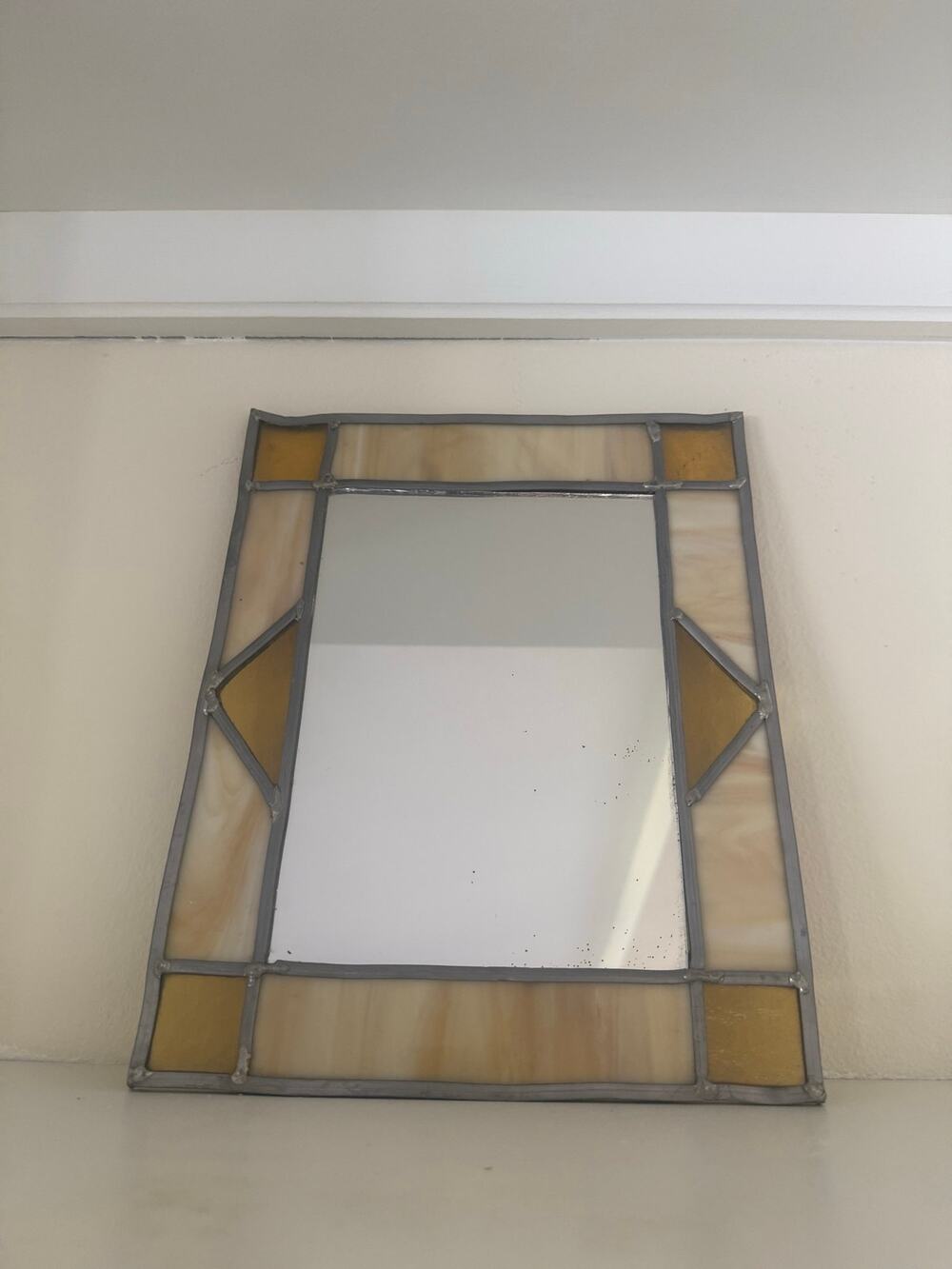 Vintage Wall Mirror Amber and Ivory Slag Glass Frame Soldered borders 11x9"